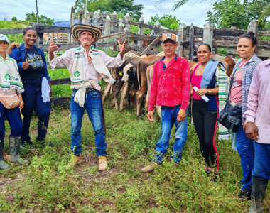 Hombres y mujeres campesinos ganaderos con algunas reses