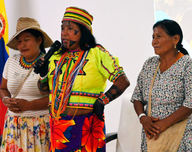 Parteras tradicionales hablando en la presentación de la caracterización