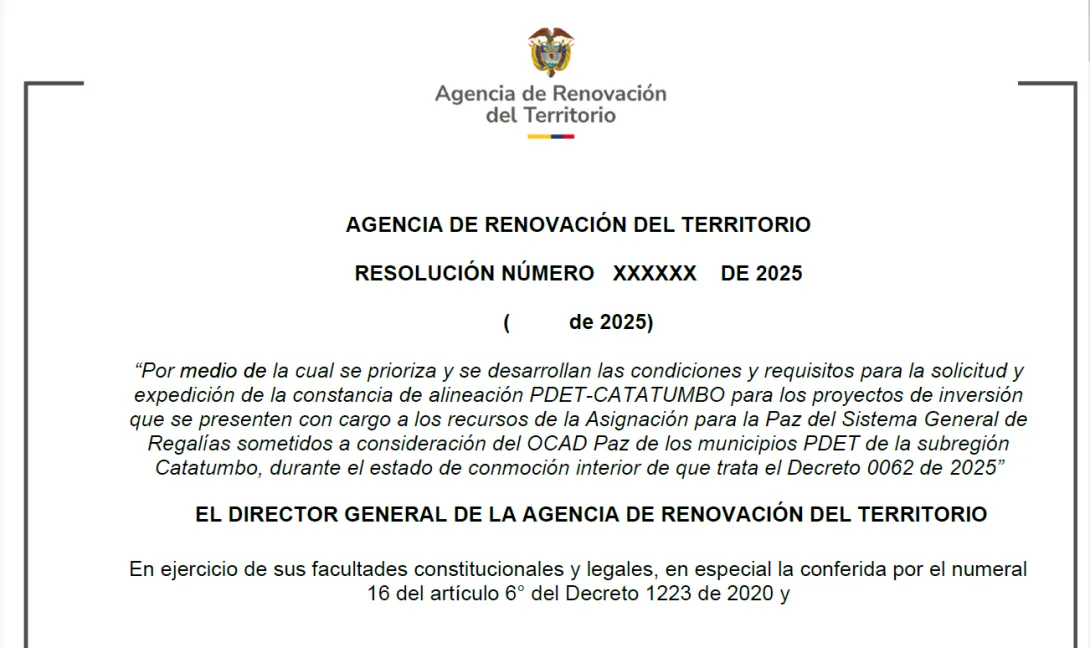 Por medio de la cual se prioriza y se desarrollan las condiciones y requisitos para la solicitud y expedición de la constancia de alineación PDET-CATATUMBO para los proyectos de inversión que se presenten con cargo a los recursos de la Asignación para la Paz del Sistema General de Regalías sometidos a consideración del OCAD Paz de los municipios PDET de la subregión Catatumbo, durante el estado de conmoción interior de que trata el Decreto 0062 de 2025”