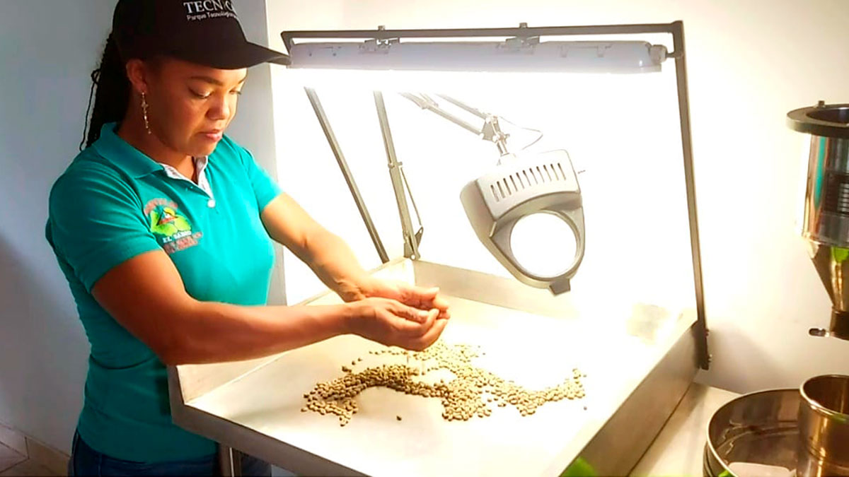Mujer analizando cafe en máquina